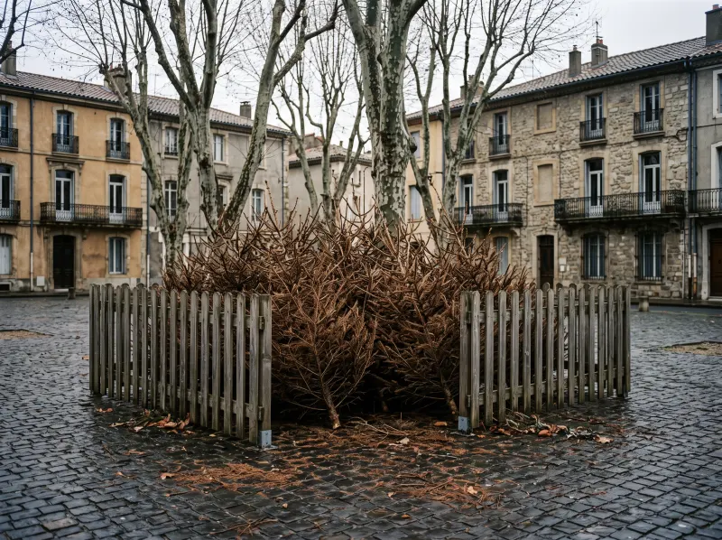 Des sapins de Noël secs déposés dans un enclos en bois sur une place, début janvier