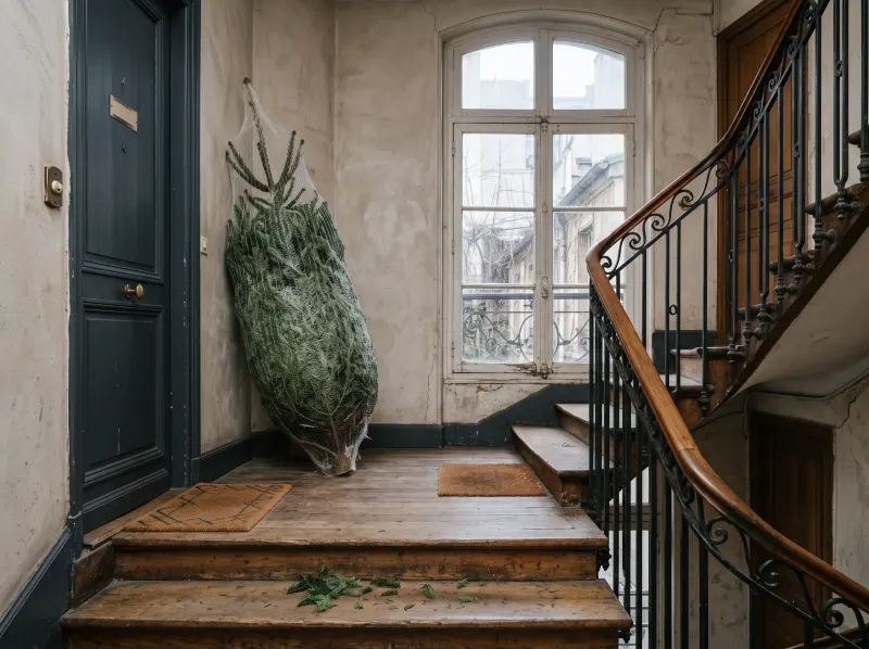 Un sapin Nordmann sous filet posé sur le palier d'un escalier d'immeuble ancien