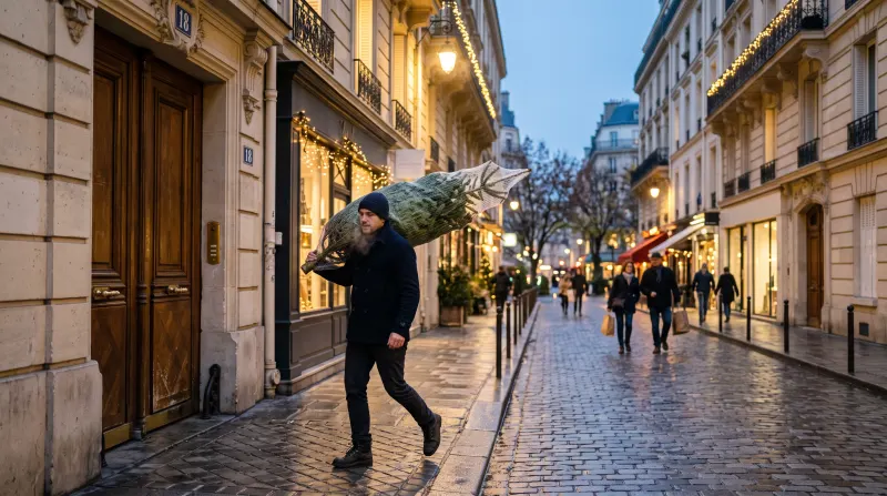 Un livreur porte un sapin emballé sous filet vers la porte d'un immeuble, un soir de décembre